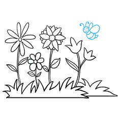 a line drawing of flowers in the grass