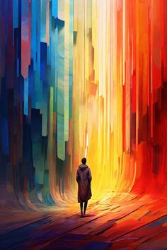 a painting of a person walking through a colorful forest