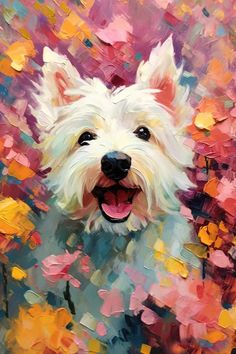 a painting of a white dog with colorful leaves