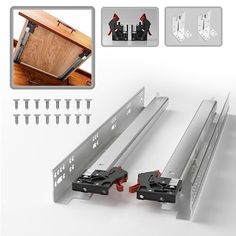 two pieces of metal workbench with screws and hardware