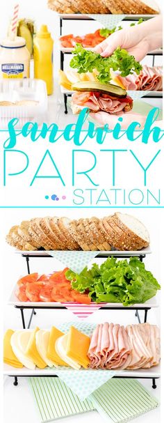 the sandwich party station is full of sandwiches and salads