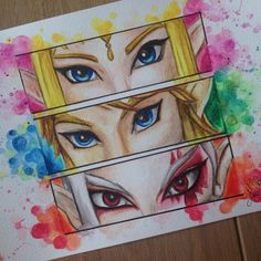 some art work that looks like they have blue eyes and blonde hair, with different colors on