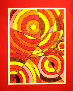 an abstract painting in red and yellow with circles on the bottom, against a red background