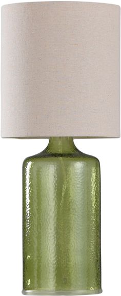 a green glass table lamp with a white shade on the base and a beige linen lampshade