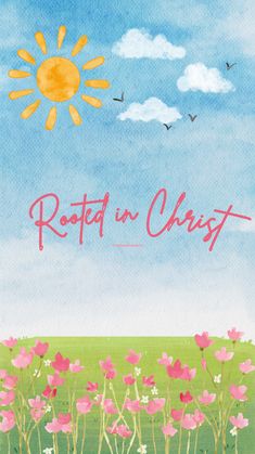 a painting with the words rest in christ on it, and pink flowers against a blue sky