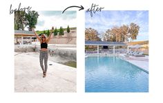 before and after photos of a woman standing in front of a swimming pool with her arms up