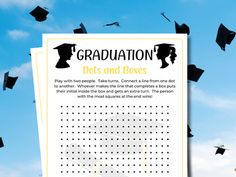 graduation caps and gowns flying in the air over a sheet of paper that says graduation dots and boxes