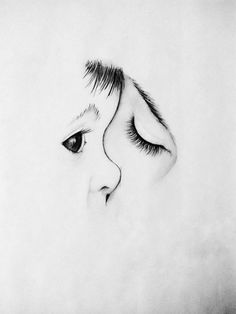 a black and white drawing of a child's face with long lashes on it