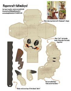 Artwork by MB — Want to make your own Mimikyu? Here’s the template... Foldable Paper Crafts Printable Templates, Garfield Papercraft, Paper 3d Craft, Paper Crafts To Print, Minecraft 3d Papercraft, Paper Figures Anime, Paper Crafts Anime, Paper Craft Templates Printable, Paperized Anime