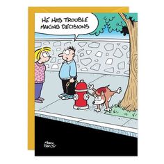 a cartoon card with a man and woman talking to a dog on the sidewalk next to a fire hydrant