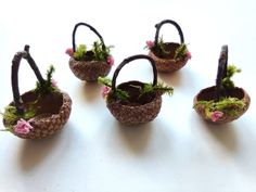 small baskets with plants in them sitting on a table