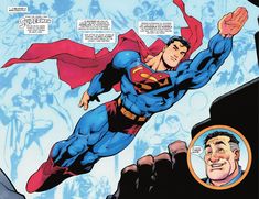 superman is flying through the air with his arms outstretched and head tilted to the side