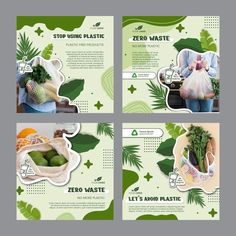 four postcards with images of vegetables and people in the process of recycling