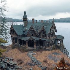 an old abandoned house sitting on top of a hill next to the water and trees