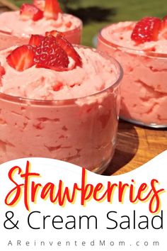 strawberrys and cream salad in small glasses with strawberries on top