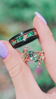 Matching Wedding And Engagement Rings, Unique Matching Wedding Rings, Non Traditional Wedding Rings Sets, Colorful Wedding Rings, Couples Engagement Rings, Fairy Wedding Ring, Unique Wedding Bands Matching, Wedding Ring Matching, Non Traditional Wedding Ring