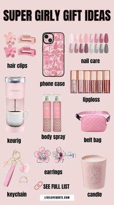 a pink poster with the words super girly gift ideas on it and other items