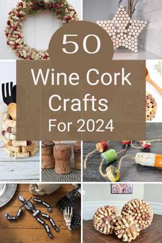 wine cork crafts for christmas and new year's eve with text overlay that reads 50 wine cork crafts for 2020