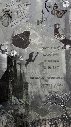 an altered collage with words and pictures on the side of it, including trees