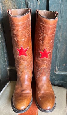 Does not have brand name, bottoms are Ortho O Sullivan, heel height: 2" shaft is 15.5" shaft/calf around: 15". Orange Cowboy Boots Outfit, Unique Cowboy Boots, Star Cowboy Boots, Aesthetic 2025, Ranch Outfits, Bad Liar, 70s Inspired Outfits, Red Boots, 70s Style