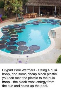 a pool with lots of black circles on it and the words lilypad pool warmers - using a hula hoop, and some cheap black plastic you can melt the plastic to