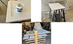 four different shots of the same table being made with plywood and woodworking tools