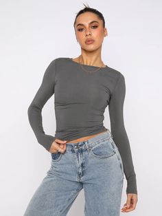 Color-Dark Gray-Y2g Tight Casual Long Sleeve Breathable Base Shirt Outer Wear Moisture Wicking T shirt-Fancey Boutique Vintage Bustier, Outer Wear, Basic Fits, Hipster Fashion, Long Blouse, Sleeves Pattern, Casual Fits