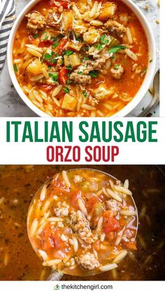 Top photo: White bowl of soup. Bottom photo: ladle full of soup. Text overlay says "Italian sausage orzo soup" Dinner Recipes Orzo, Italian Sausage And Orzo, Italian Sausage Orzo Soup, Sausage Orzo Soup, Orzo Recipes Healthy, Spicy Soup Recipes, Orzo Soup Recipes