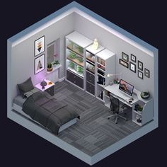 an aerial view of a bedroom with a bed and desk