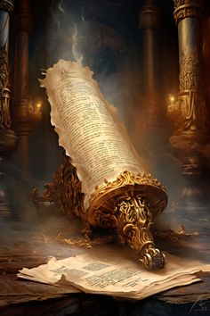 an old scroll with writing on it sitting on top of a piece of parchment paper