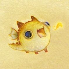 a drawing of a yellow fish with blue eyes