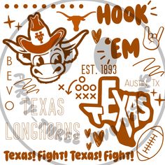 an image of the texas football team's logo and name in orange on a white background