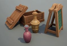 an assortment of wooden objects including a vase, chair and chalkboard on a gray background