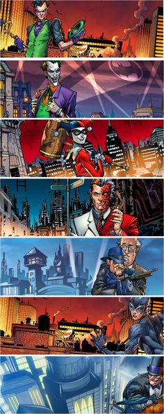 an image of comic book covers with different colors and sizes, including the title in each panel