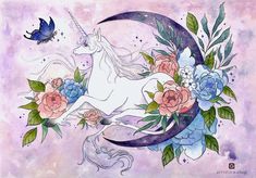 a drawing of a unicorn on the moon with flowers