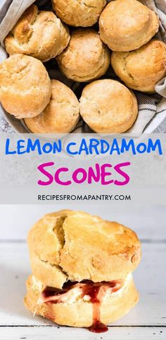 lemon cardamom scones in a basket with jam on top and the recipe below