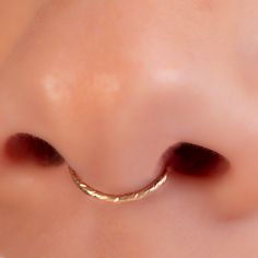 a close up view of a nose with a gold ring on it's side