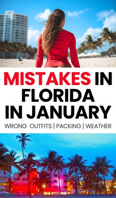 a woman standing on the beach in front of palm trees and buildings with text that reads,