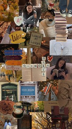 a collage of photos with words and pictures on them that include books, letters, flowers, trees, and other things