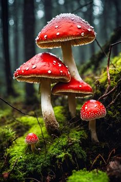 three red mushrooms are sitting on the mossy ground in front of trees and bushes