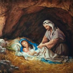 a painting of the birth of jesus with his mother and child in a manger scene