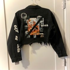 New With Tags - Never Worn Adel Kazka Graphic Jacket Ripped Hem Size S/M: Cropped Fit Jean Jacket Bleach Art, Alt Jacket, Jean Jacket Painted, Customized Jacket, Graphic Jacket, Techwear Cyberpunk, Grunge Jacket, Graphic Jackets, Diy Denim Jacket