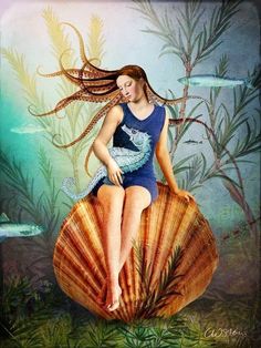 a painting of a woman sitting on top of a large seashell with her hair blowing in the wind