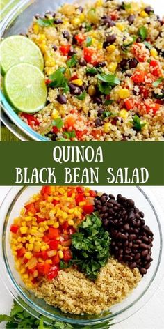 quinoa and black bean salad in a glass bowl