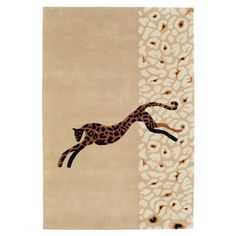 a rug with a giraffe running on it