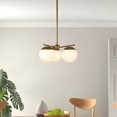 a dining room table with two chairs and a potted plant