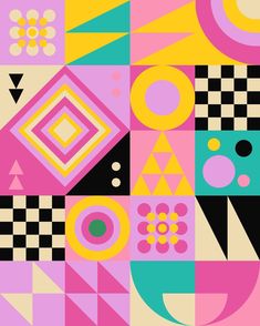 an abstract pattern with geometric shapes and colors in pink, yellow, blue, green, black, and white