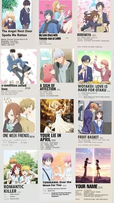 an anime poster with many different characters in the same language and pictures on each side