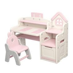 a doll house desk and chair set with pink accents