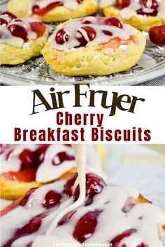 an air fryer cherry breakfast biscuits being drizzled with icing